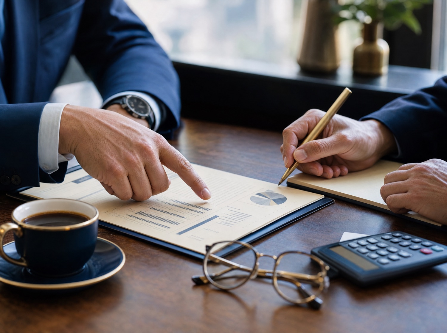 Two people reviewing financial documents together across a desk