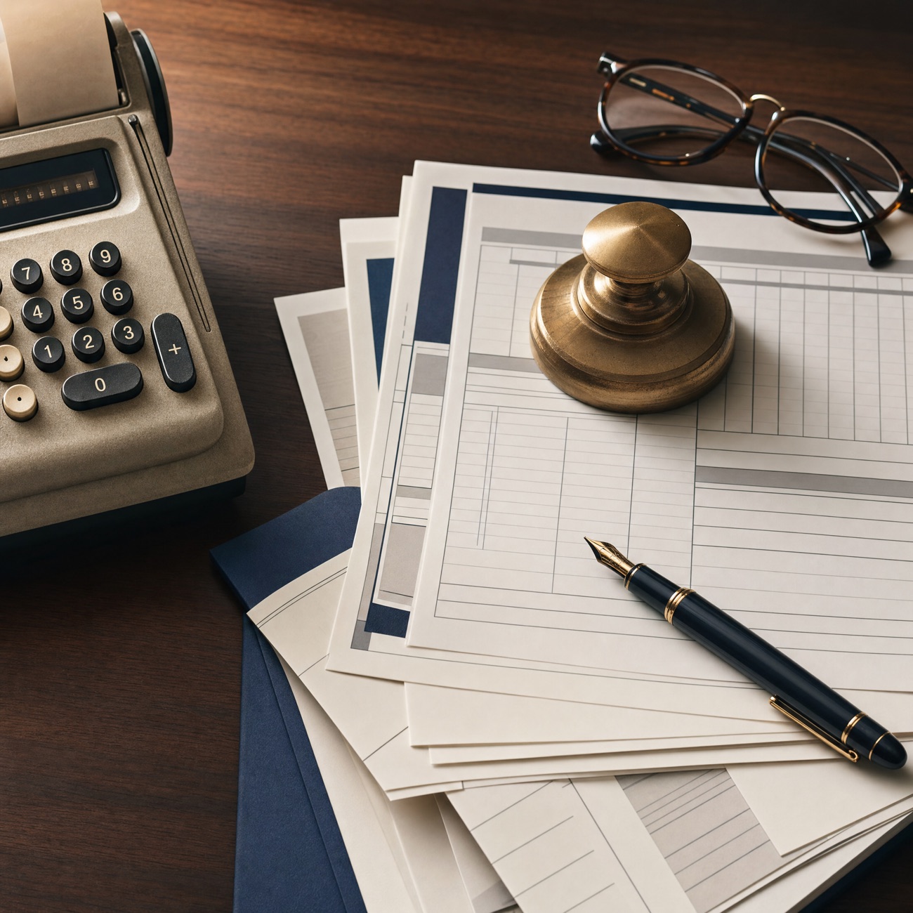 Neatly organized tax documents with a calculator and brass paperweight