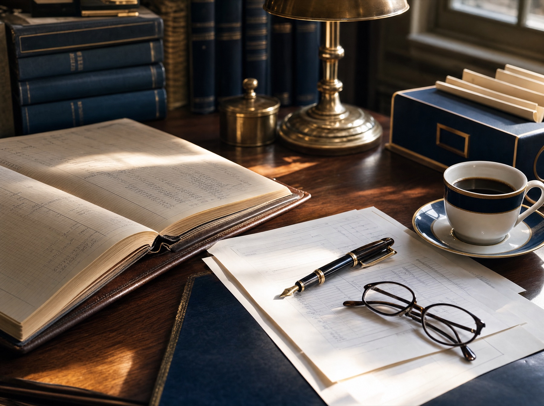 A sunlit accountant's desk with a leather ledger, fountain pen, and reading glasses